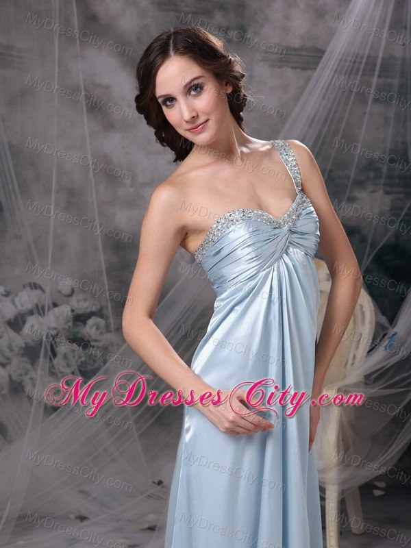 Light Blue Column One Shoulder Beading Teffeta Prom Dress