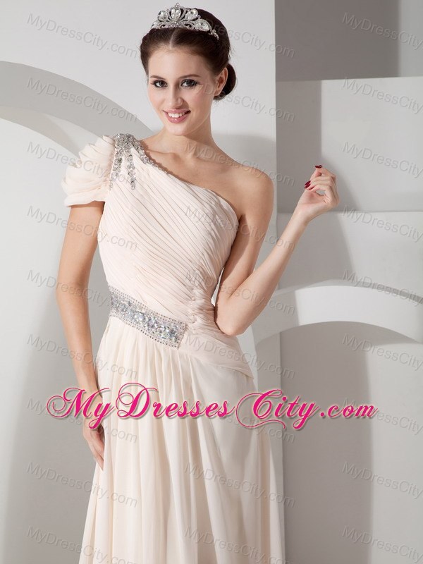 Champagne Cap One Shoulder Pleated Beading Prom Dress