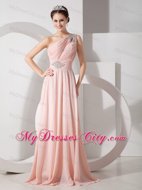 Blush Colored Beaded Ruching One Shoulder Prom Dress