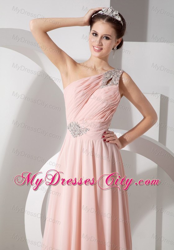 Blush Colored Beaded Ruching One Shoulder Prom Dress