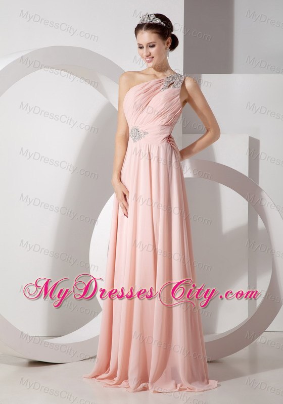 Blush Colored Beaded Ruching One Shoulder Prom Dress