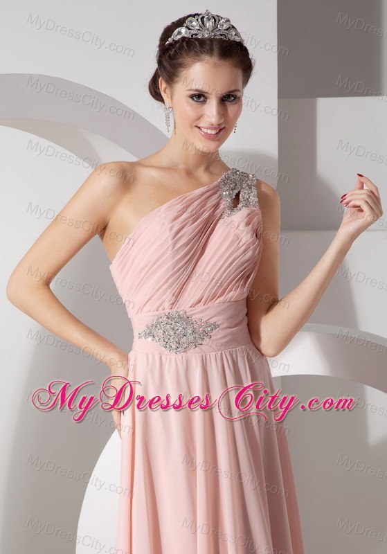 Blush Colored Beaded Ruching One Shoulder Prom Dress