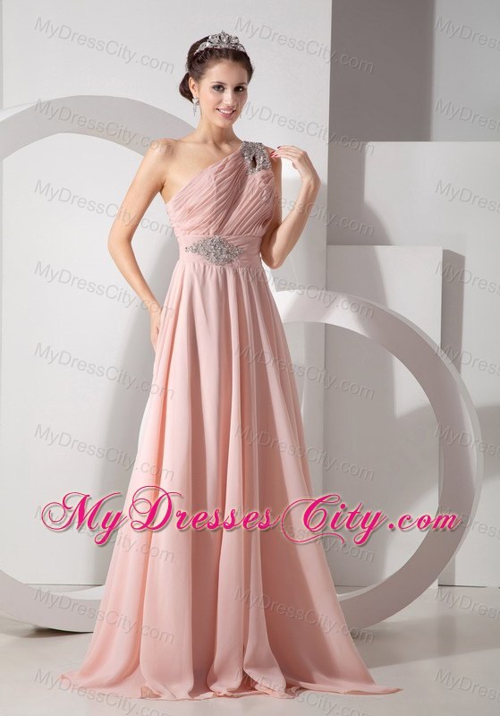 Blush Colored Beaded Ruching One Shoulder Prom Dress