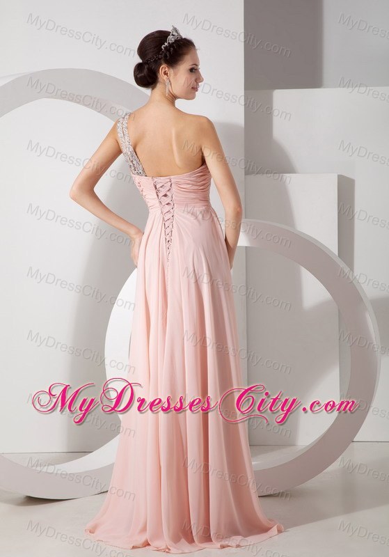 Blush Colored Beaded Ruching One Shoulder Prom Dress