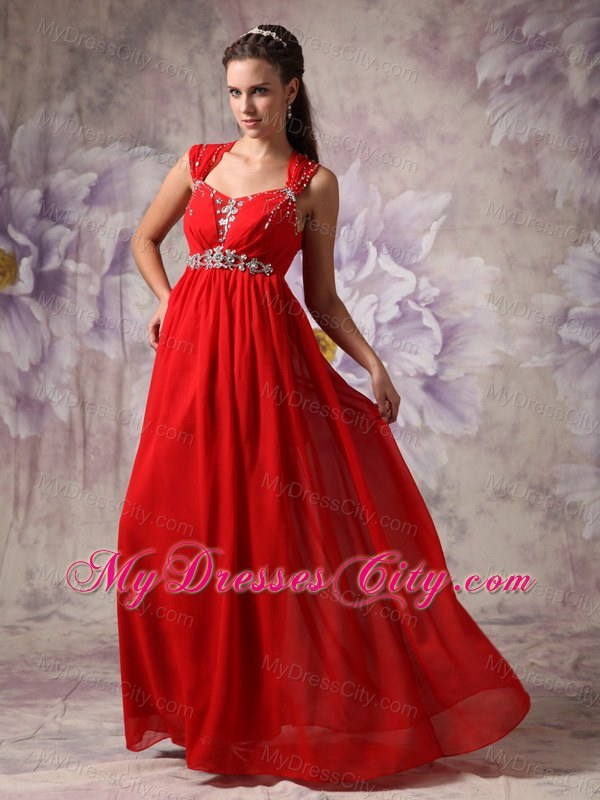 Red Princess Beading Straps Prom Dress Floor-length