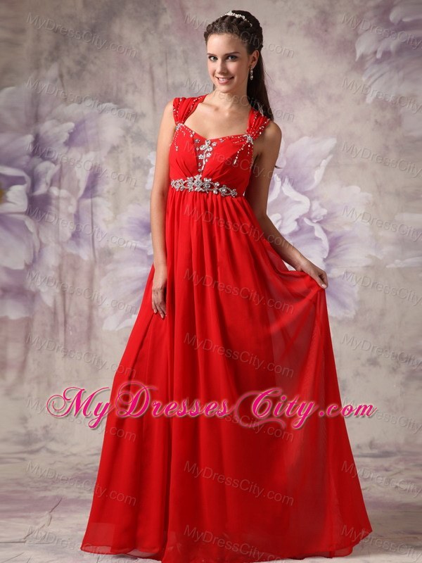 Red Princess Beading Straps Prom Dress Floor-length