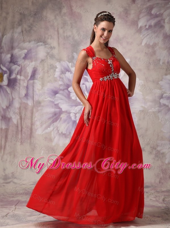 Red Princess Beading Straps Prom Dress Floor-length