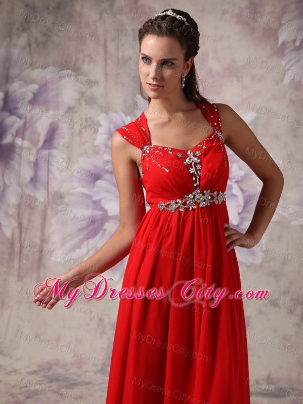 Red Princess Beading Straps Prom Dress Floor-length