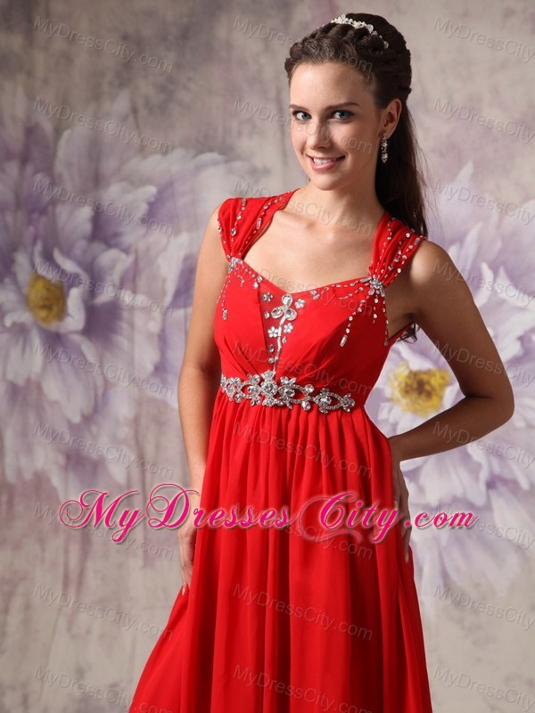 Red Princess Beading Straps Prom Dress Floor-length