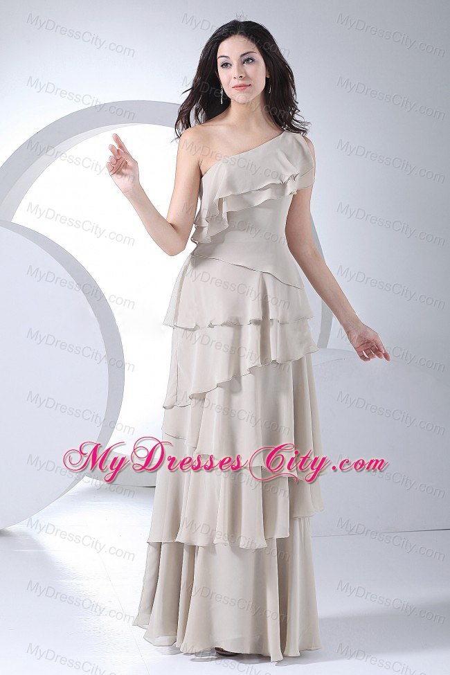 Ruffled Cream Colored One Shoulder Floor-length Prom Dress