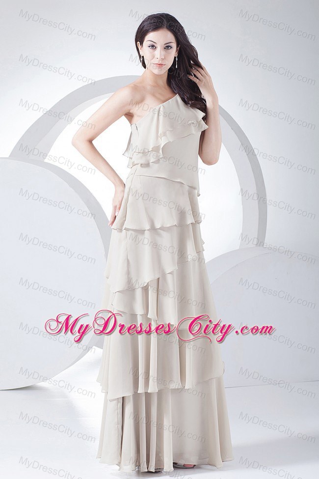 Ruffled Cream Colored One Shoulder Floor-length Prom Dress