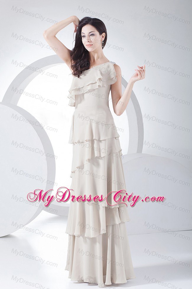 Ruffled Cream Colored One Shoulder Floor-length Prom Dress