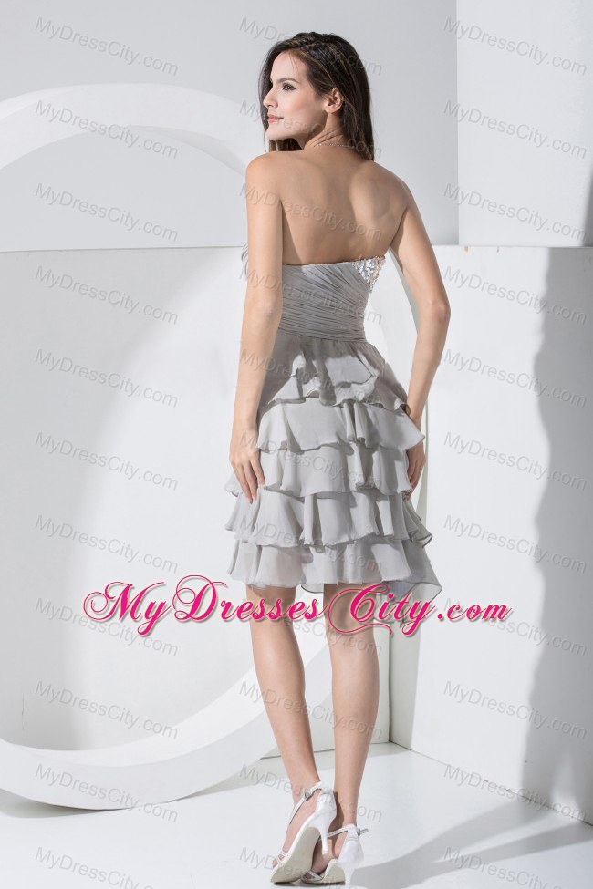 Grey Mini-length Prom Dress With Sequins and Ruffled Layers