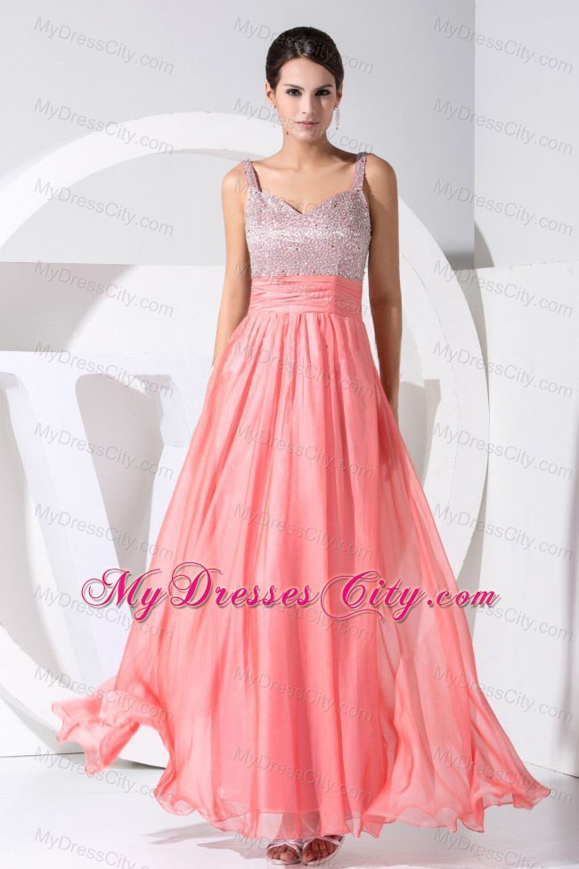 Coral Red Beaded Sweetheart Straps Ankle-length Prom Dress