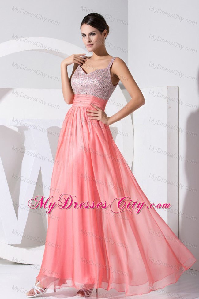 Coral Red Beaded Sweetheart Straps Ankle-length Prom Dress