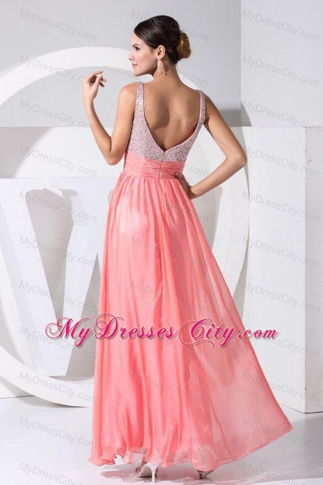 Coral Red Beaded Sweetheart Straps Ankle-length Prom Dress