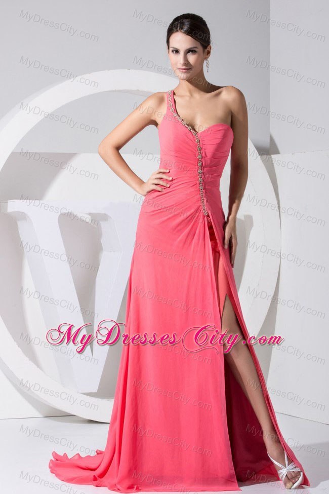 High Slit One Shoulder Beaded Brush Train Watermelon Prom Dress