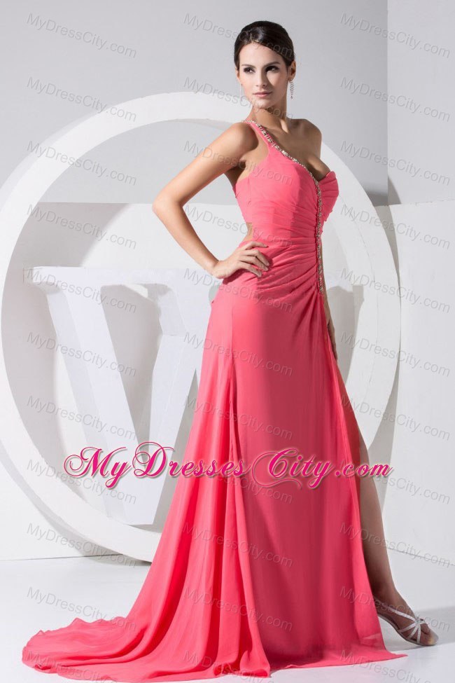 High Slit One Shoulder Beaded Brush Train Watermelon Prom Dress