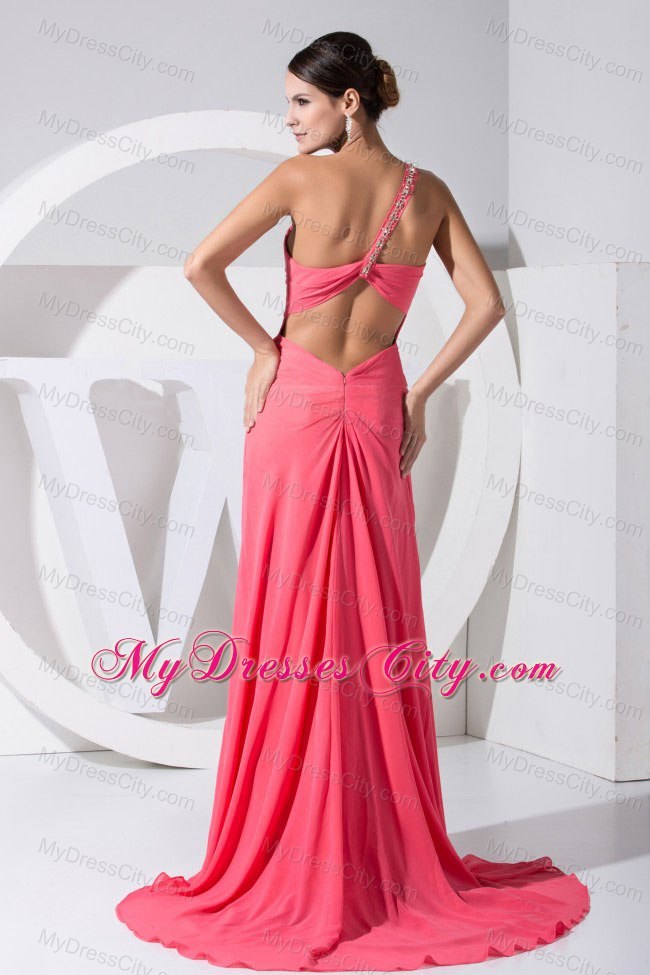 High Slit One Shoulder Beaded Brush Train Watermelon Prom Dress