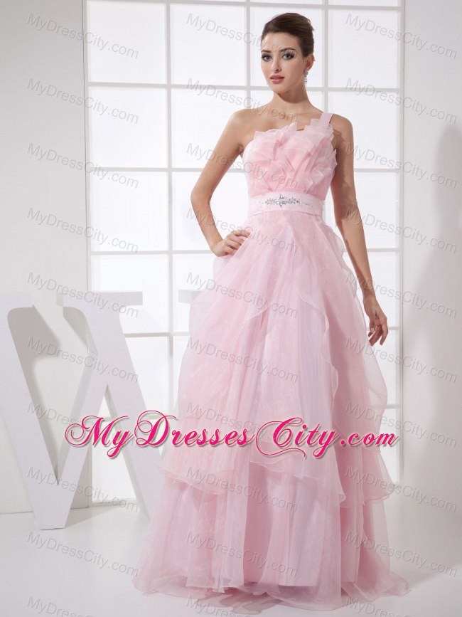 Ruffled One Shoulder Pink Organza Prom Dress with Jewel Brooch