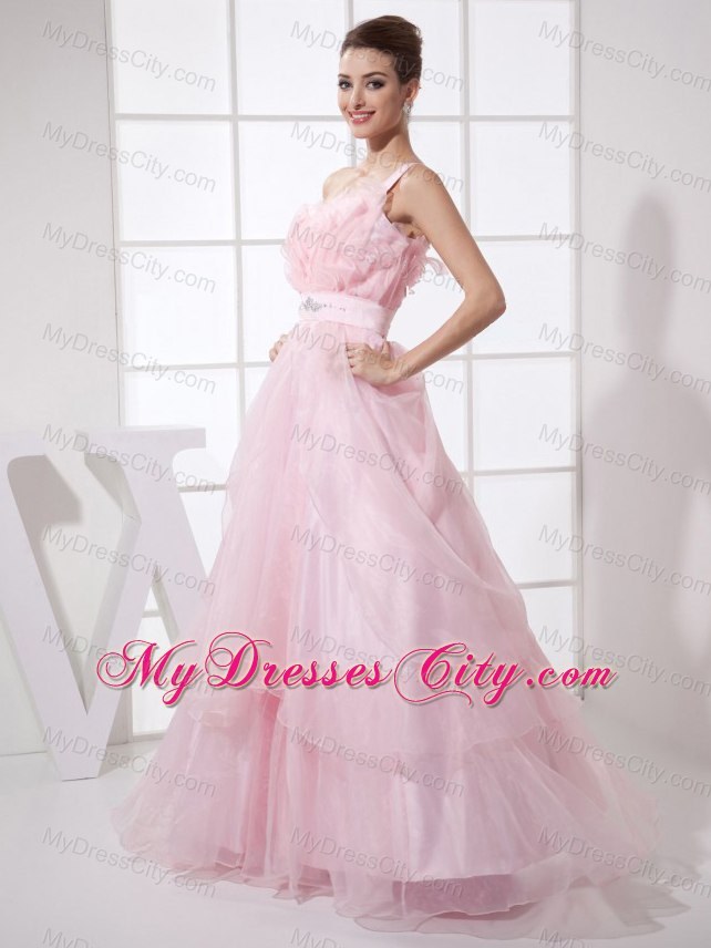 Ruffled One Shoulder Pink Organza Prom Dress with Jewel Brooch