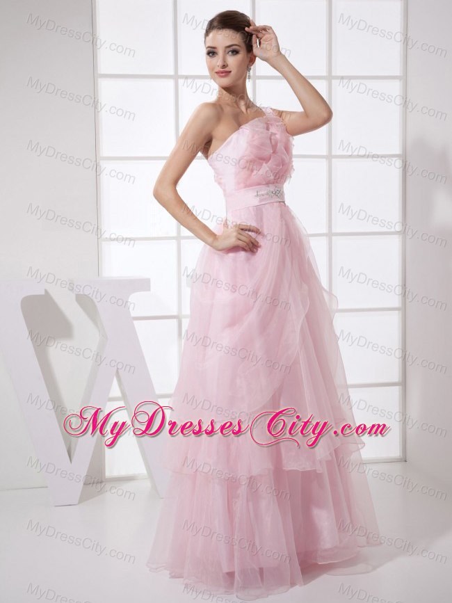 Ruffled One Shoulder Pink Organza Prom Dress with Jewel Brooch