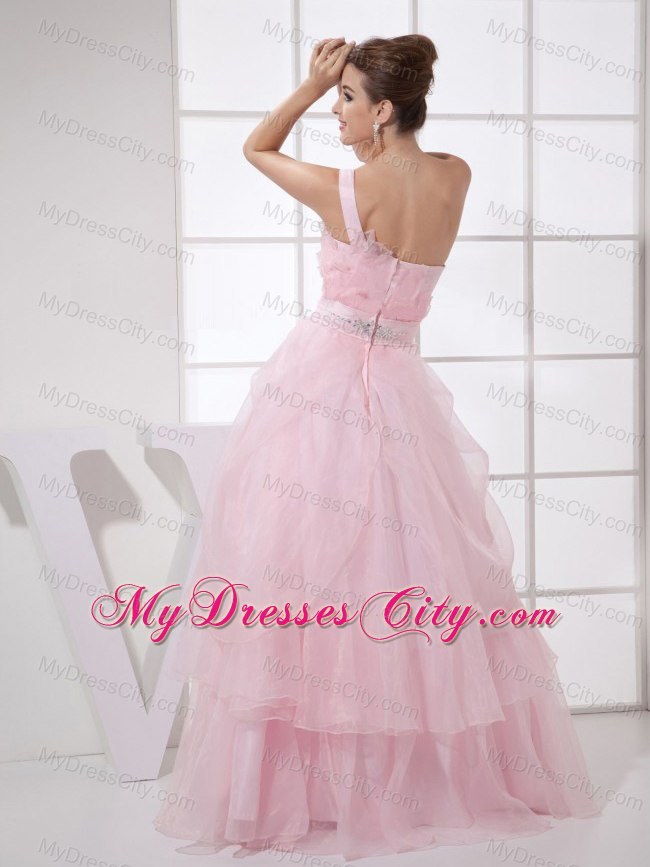 Ruffled One Shoulder Pink Organza Prom Dress with Jewel Brooch