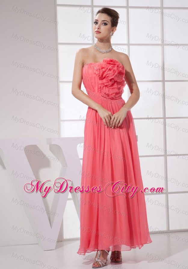 Hand Made Flower Coral Red Ankle-length Prom Dress