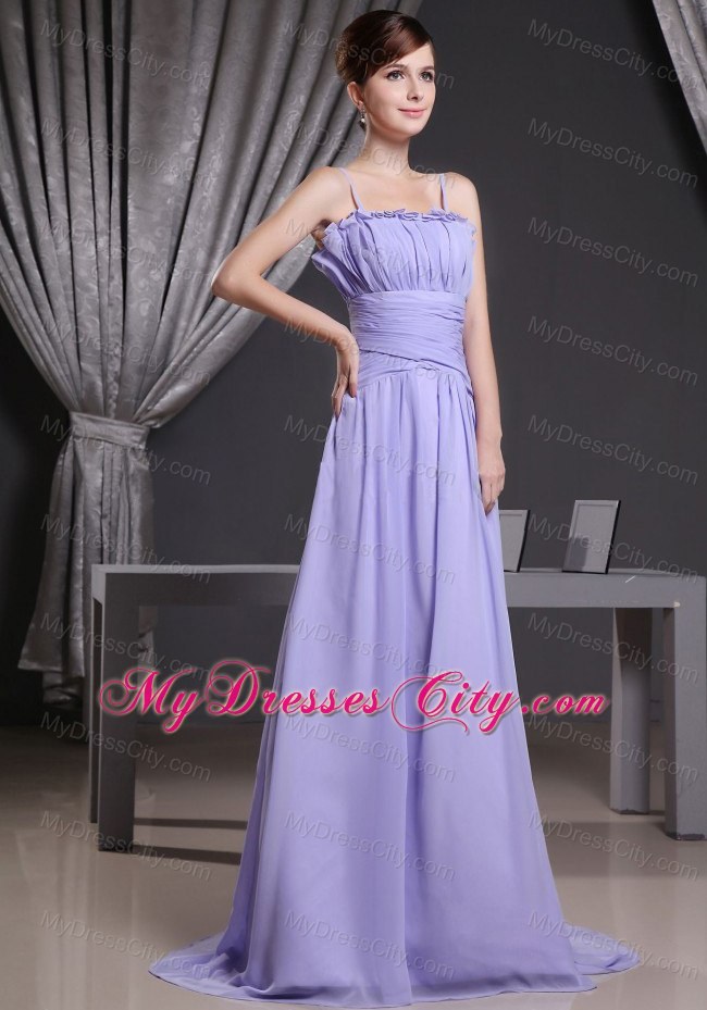 Straps Ruffled Lilac Prom Dress With Pleats and Brush Train