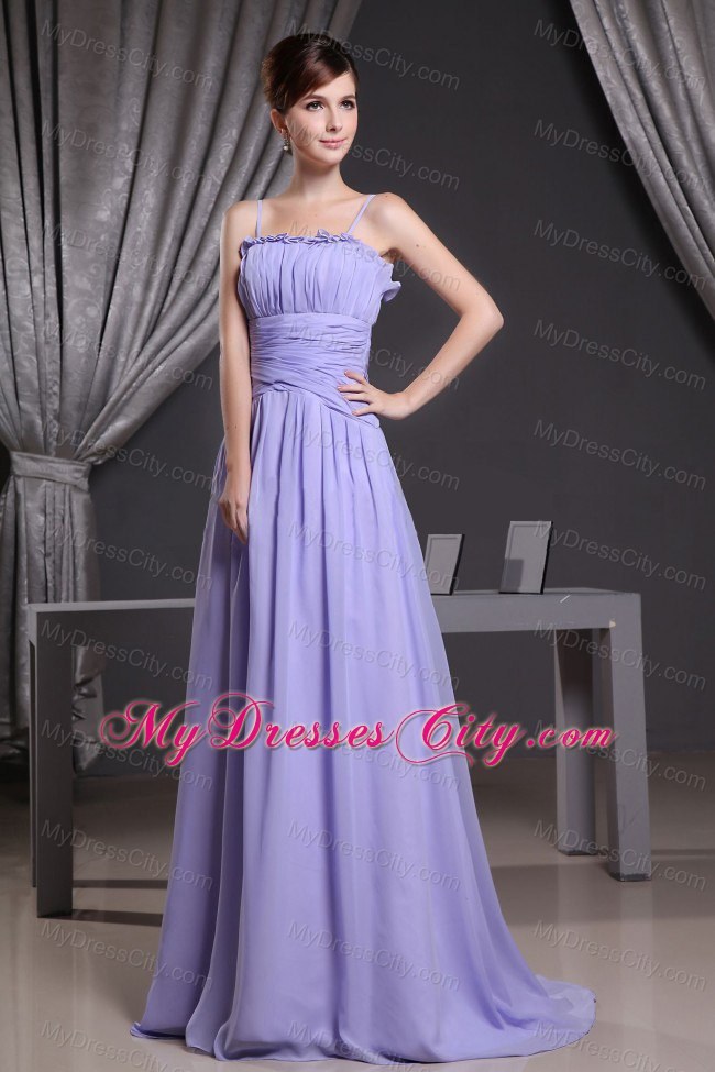 Straps Ruffled Lilac Prom Dress With Pleats and Brush Train