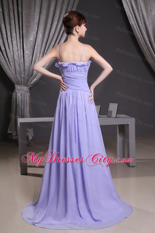 Straps Ruffled Lilac Prom Dress With Pleats and Brush Train