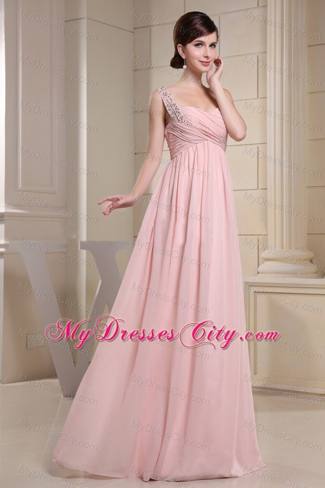 Empire Baby Pink Beaded Straps Ruching Dress for Prom