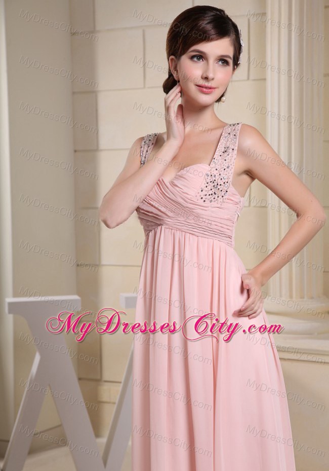 Empire Baby Pink Beaded Straps Ruching Dress for Prom