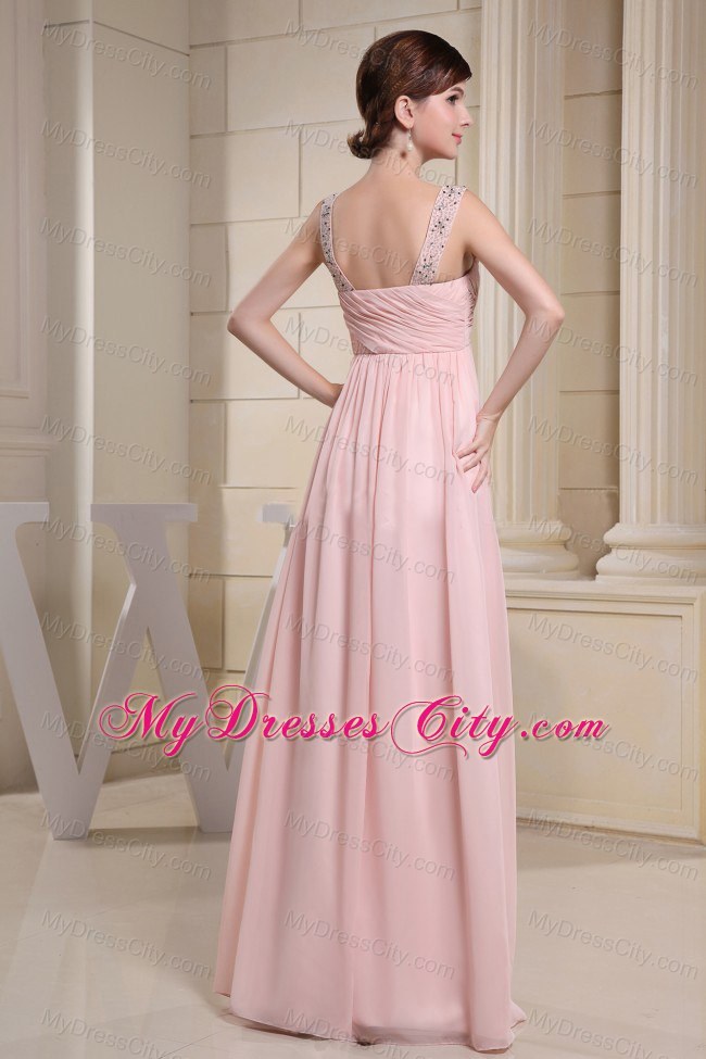 Empire Baby Pink Beaded Straps Ruching Dress for Prom