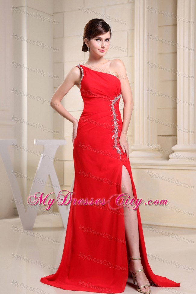 Red High Slit One Shoulder Prom Dress With Beading