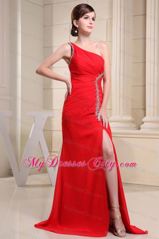 Red High Slit One Shoulder Prom Dress With Beading