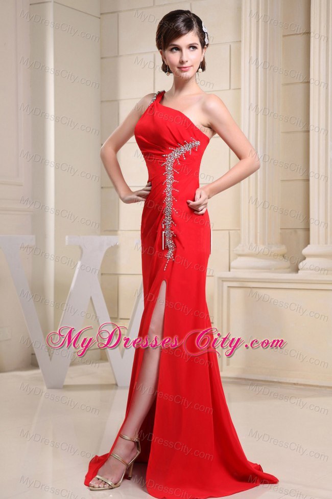 Red High Slit One Shoulder Prom Dress With Beading