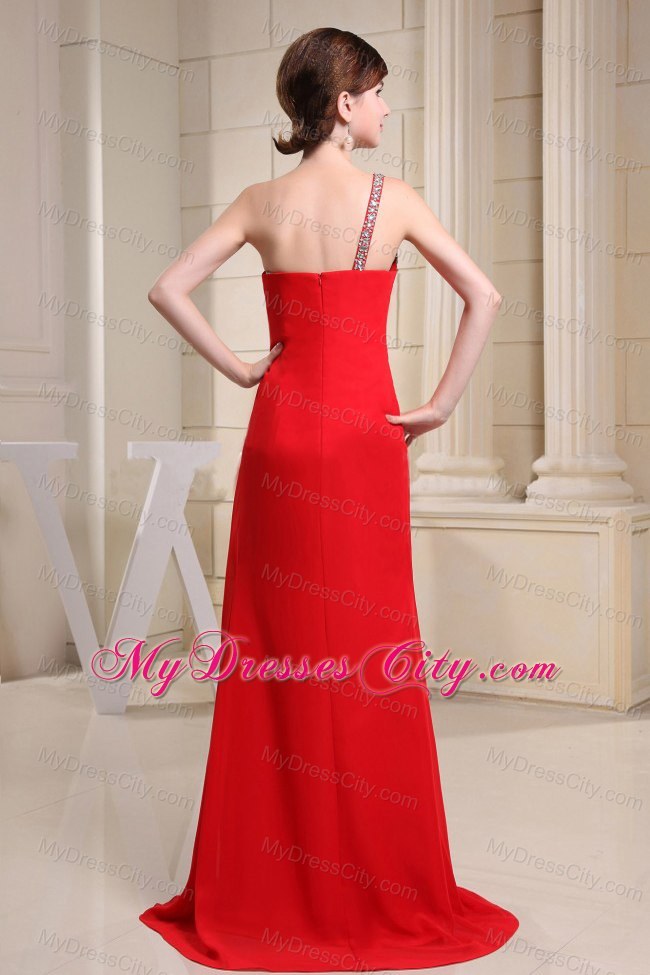 Red High Slit One Shoulder Prom Dress With Beading