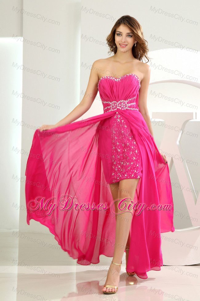 High-low Sweetheart Beading Prom Dress in Hot Pink