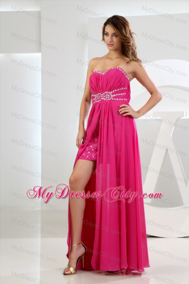 High-low Sweetheart Beading Prom Dress in Hot Pink