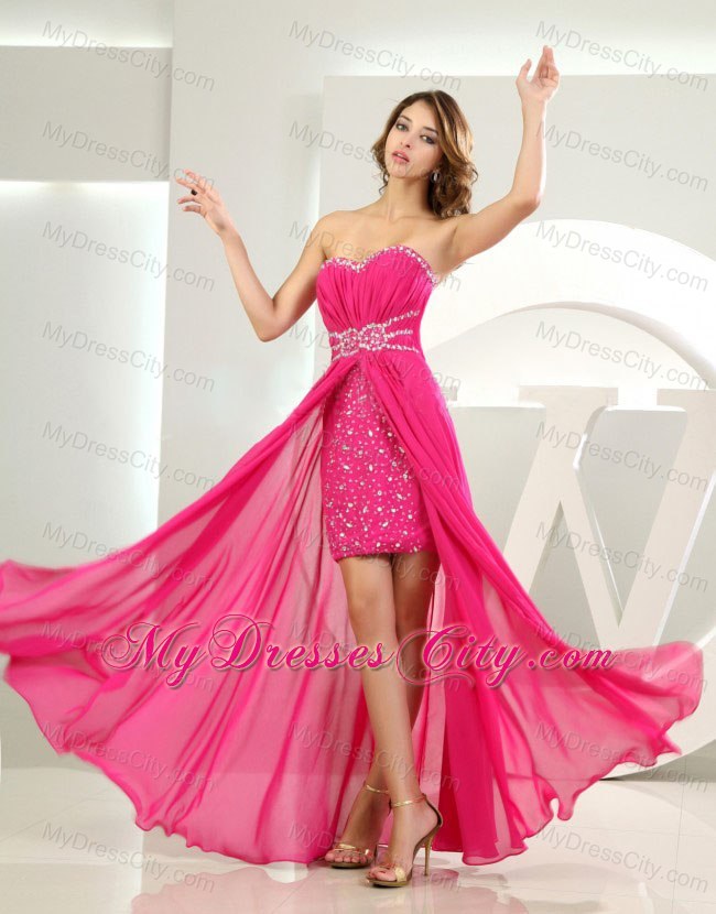 High-low Sweetheart Beading Prom Dress in Hot Pink