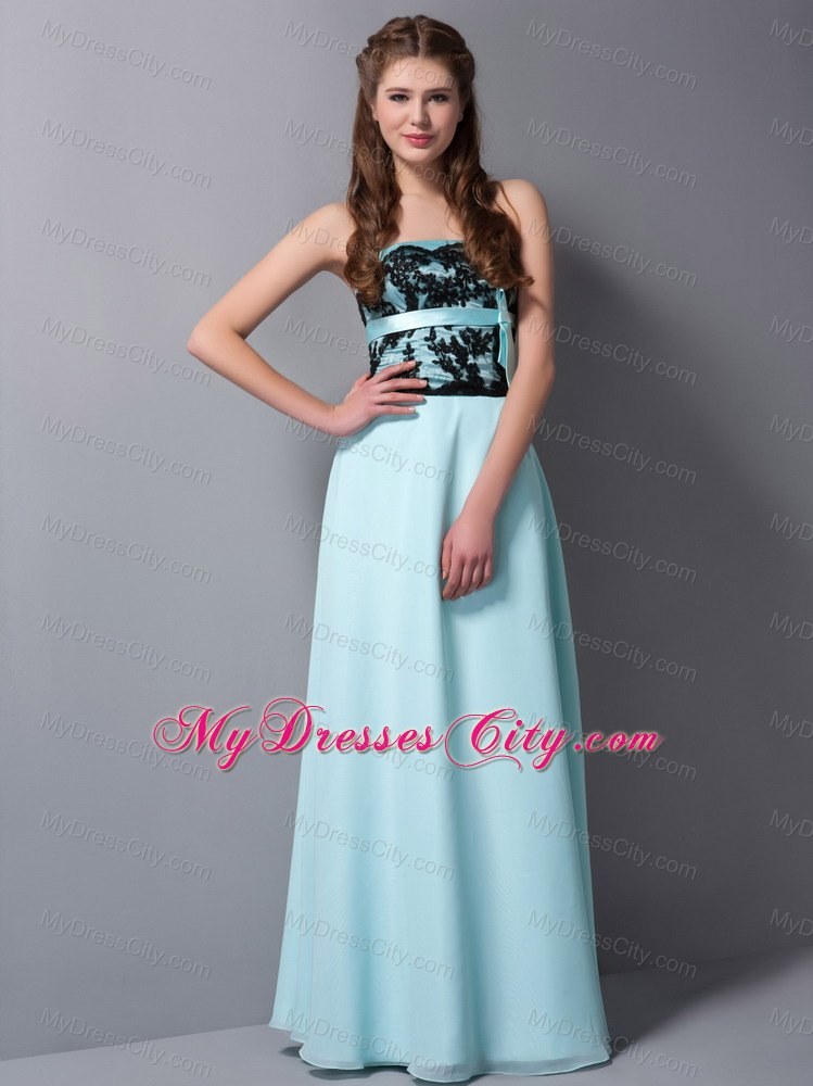 Light Cyan Column Strapless Floor-length Chiffon Lace Prom Dress