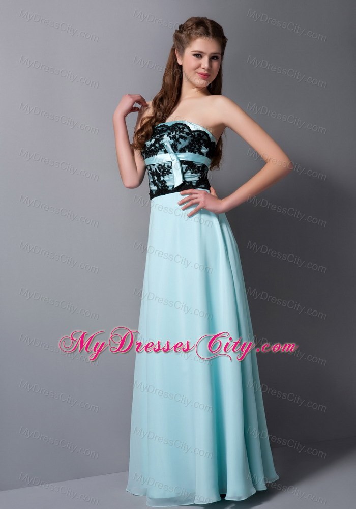 Light Cyan Column Strapless Floor-length Chiffon Lace Prom Dress