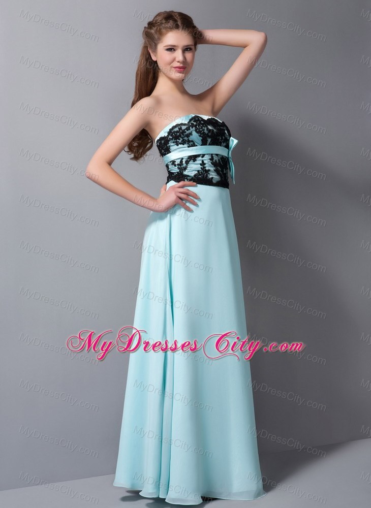 Light Cyan Column Strapless Floor-length Chiffon Lace Prom Dress