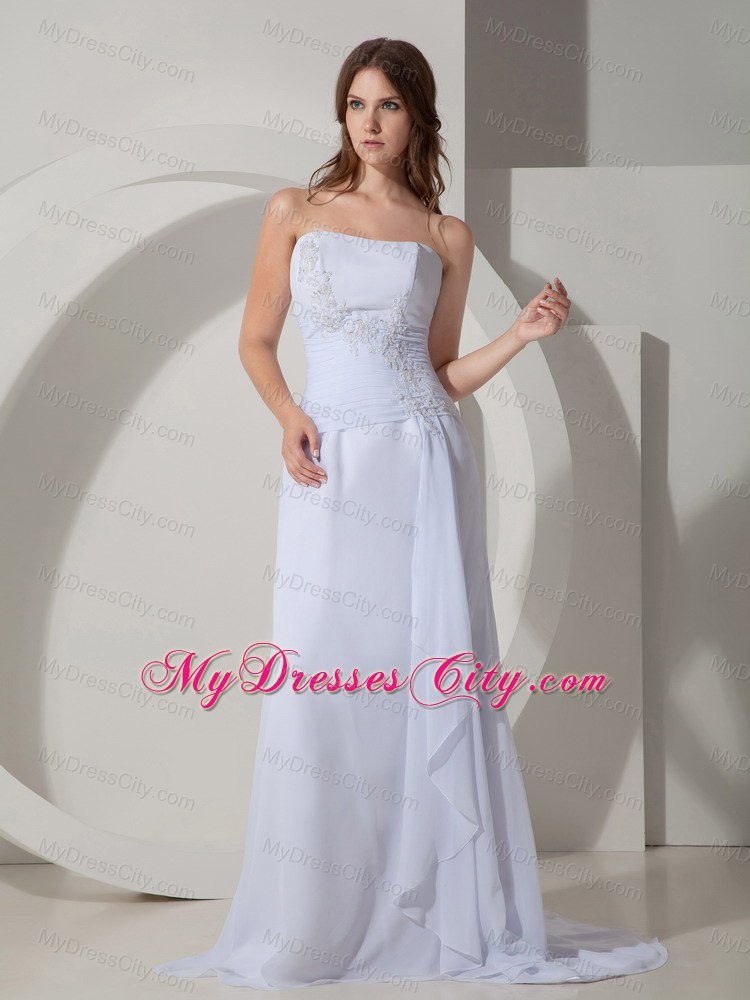 Column Strapless Prom Dress with Brush Train in White