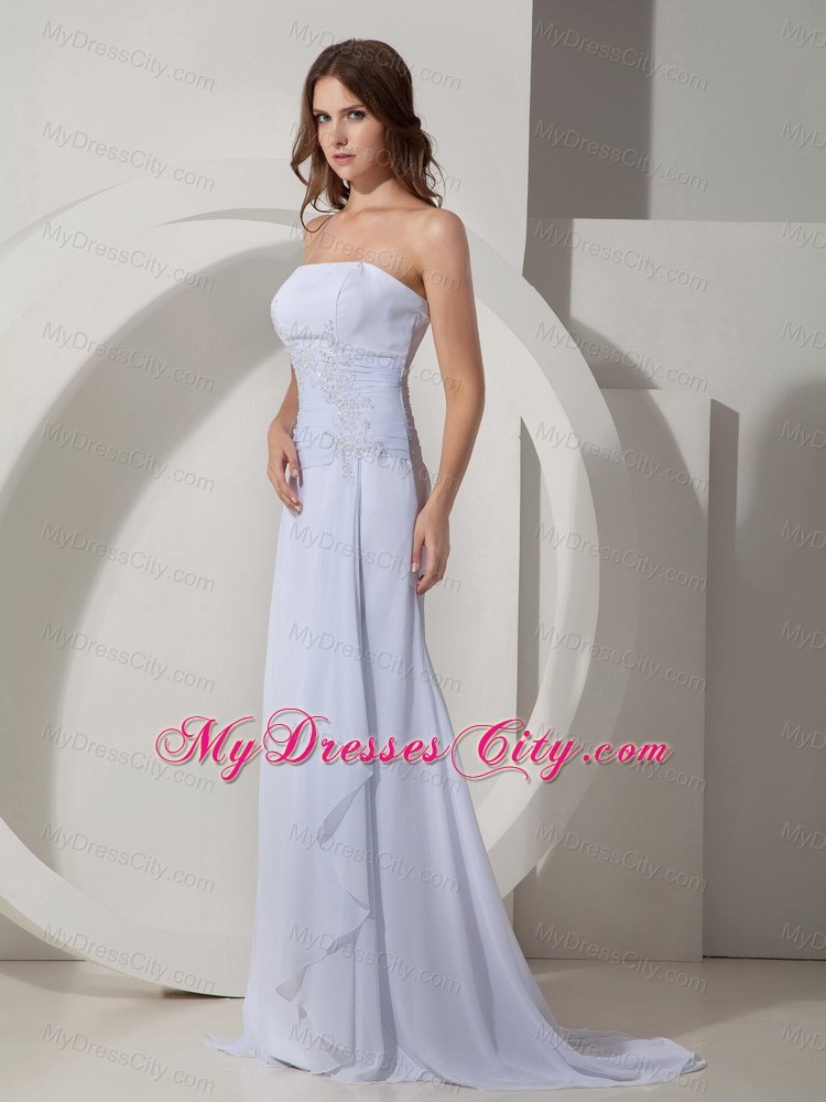 Column Strapless Prom Dress with Brush Train in White