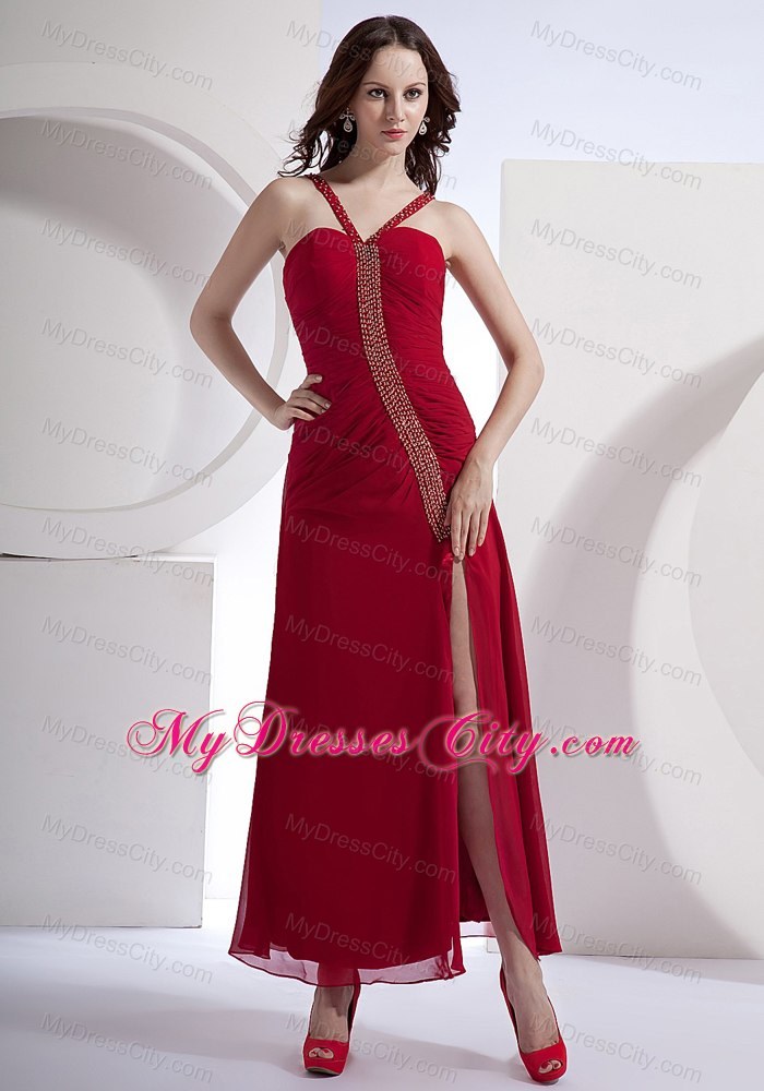 Red Beading Prom Dress Side Slit Ankle-length Wholesale