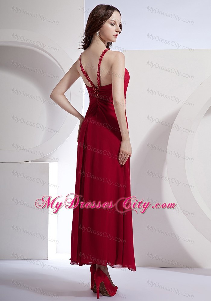 Red Beading Prom Dress Side Slit Ankle-length Wholesale