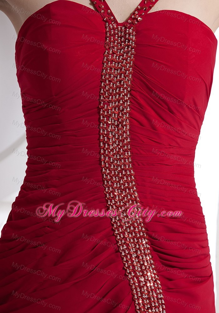 Red Beading Prom Dress Side Slit Ankle-length Wholesale