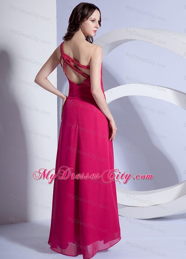 Hot Pink Empire Beading One Shoulder Prom Dress